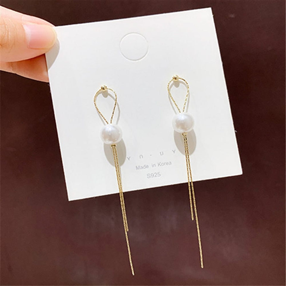 Korean Vintage Glossy Arc Bar Long Tassel Drop Earrings for Women Gold Color Geometric Fashion Jewelry Luxury Hanging Pendientes