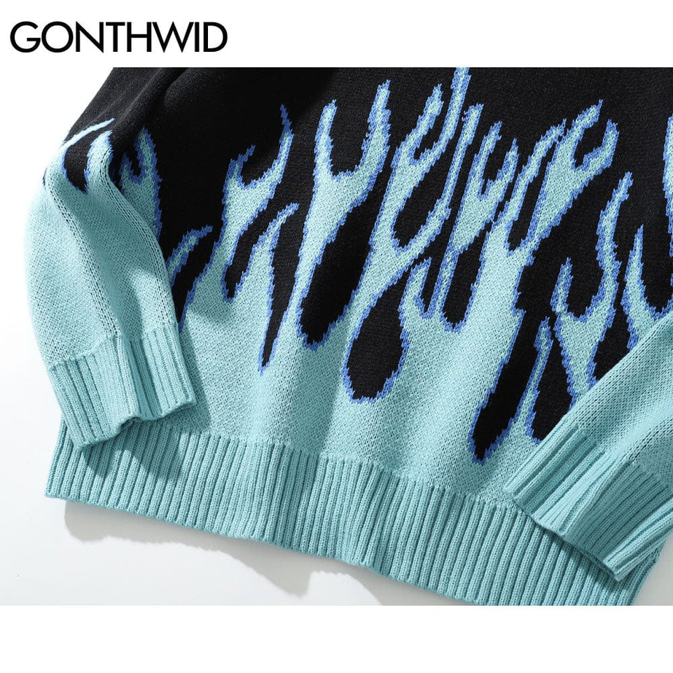 GONTHWID Hip Hop Sweaters Fire Flame Knitted Sweater Jumpers Streetwear Harajuku 2023 Mens Fashion Casual Pullover Tops Coats