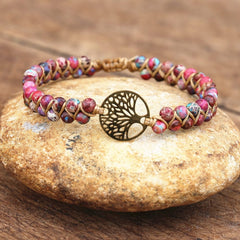 Handmade Natural African Stone Beaded Boho Yoga Wrap Bracelet & Bangle Stainless Steel Tree of Life Braided Charm Bracelet