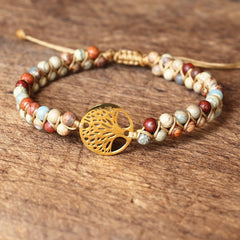 Handmade Natural African Stone Beaded Boho Yoga Wrap Bracelet & Bangle Stainless Steel Tree of Life Braided Charm Bracelet