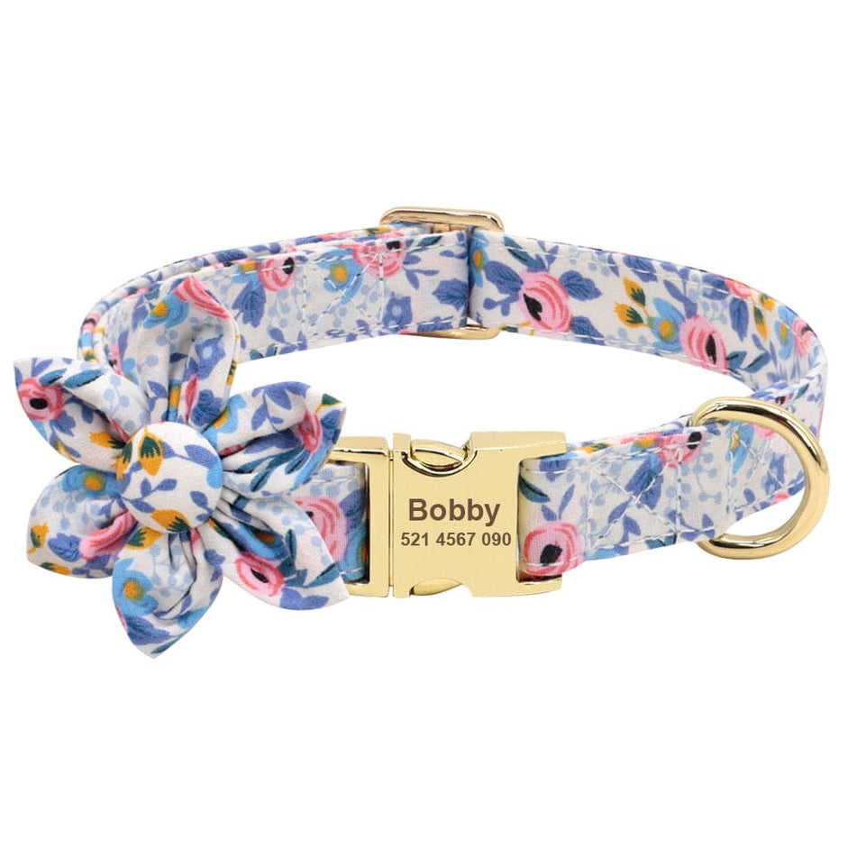 Floral Persoalized Dog Collar Fashion Printed Custom Nylon Dog Collars With Free Engraved Nameplate For Small Medium Large Dogs