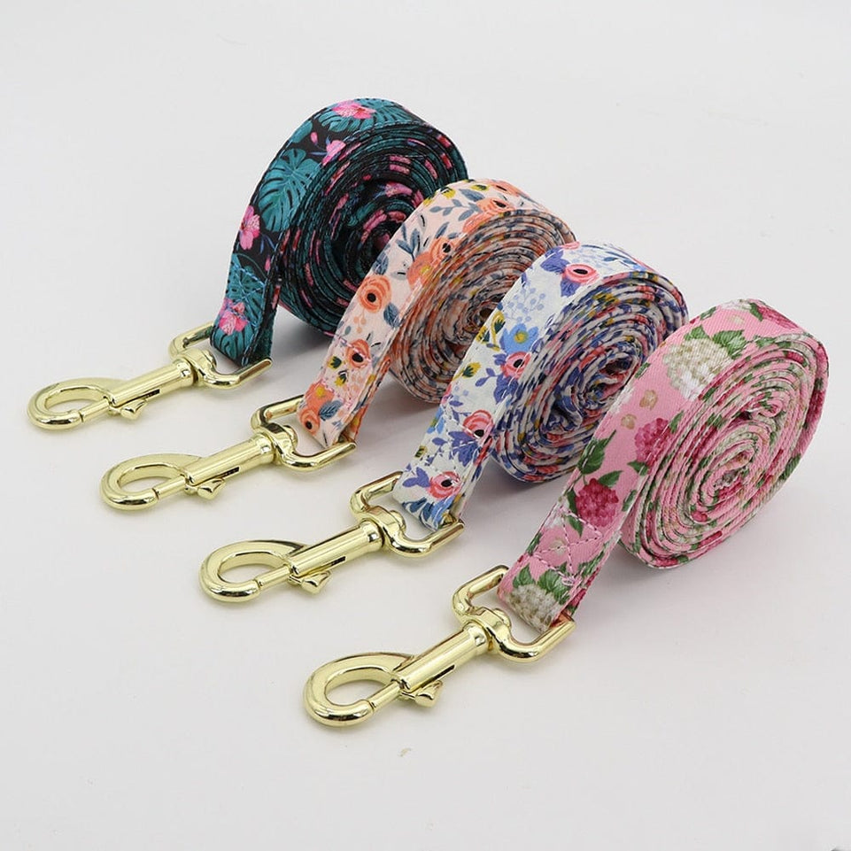 Custom Engraved Dog Collar With Leash Nylon Printed Dog ID Collars Pet Walking Belt For Small Medium Large Dogs Flower Accessory