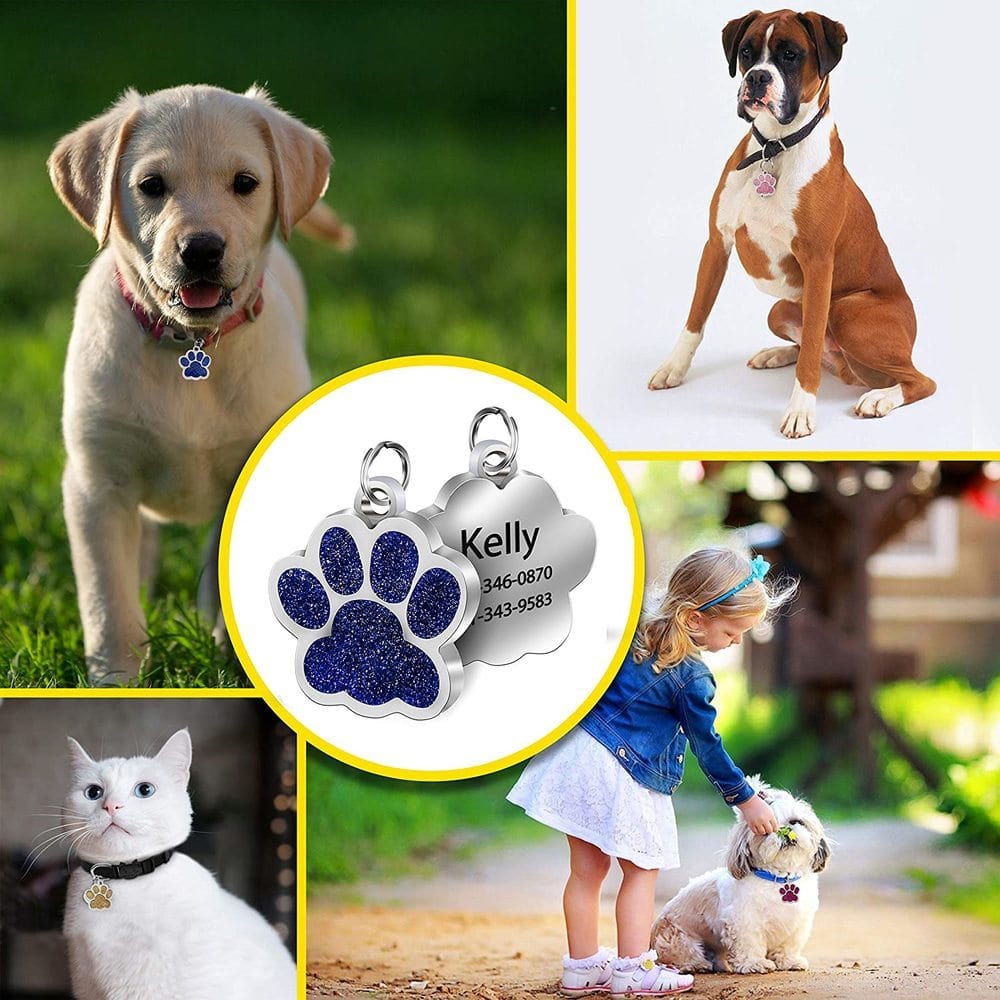 Personalized Dog Cat Tags Engraved Cat Dog Puppy Pet ID Name Collar Tag Pendant Pet Accessories Paw Glitter Pendant - Wowza