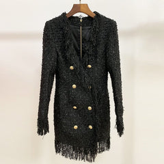 HIGH QUALITY Newest 2023 Designer Runway Women's Long Sleeve Metal Lion Buttons Fringed Tweed Tassel Dress