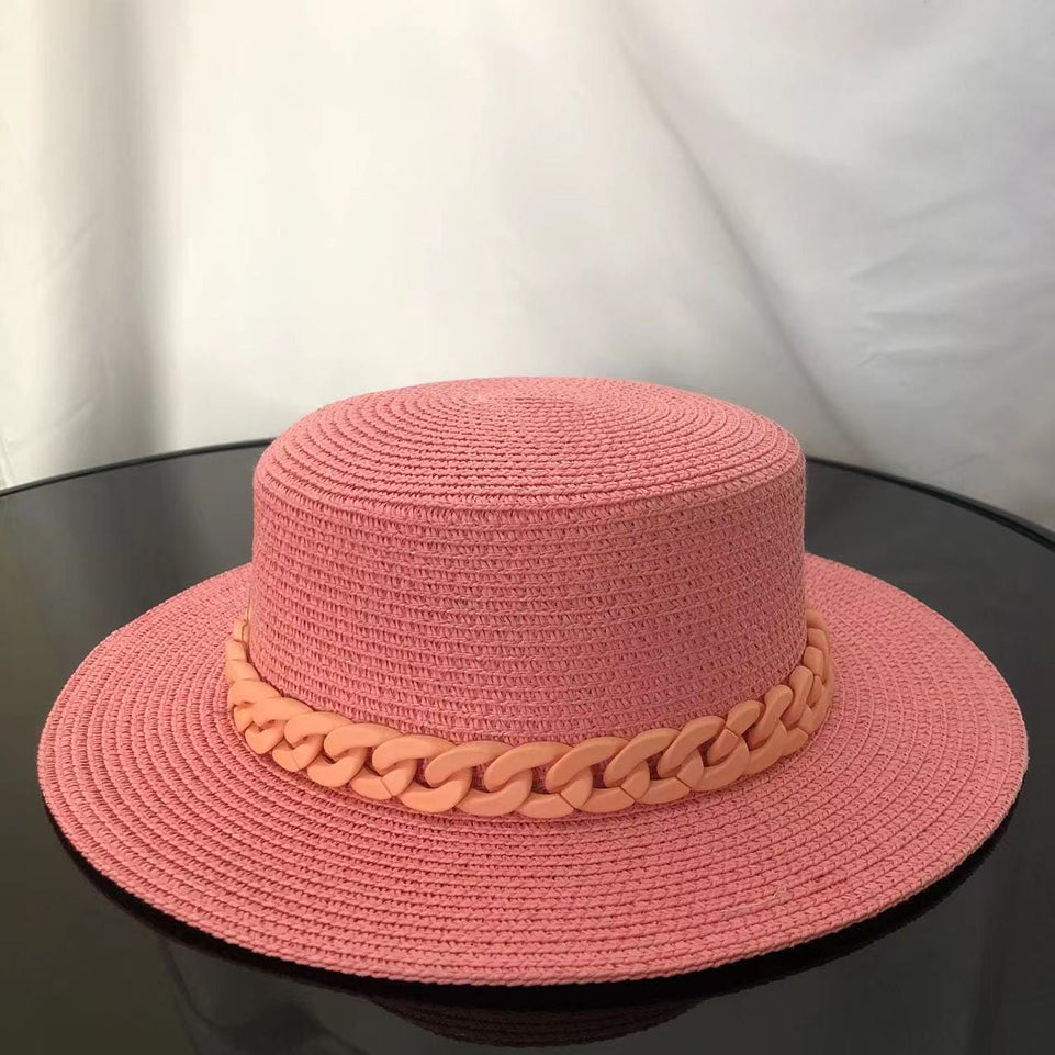 Macaron color straw hat sun hat flat top Korean fashion color chain with top hat acrylic beach hat candy color sun hat