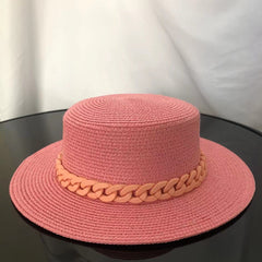 Macaron color straw hat sun hat flat top Korean fashion color chain with top hat acrylic beach hat candy color sun hat