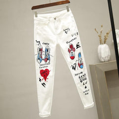 Women White Denim Jeans Cartoon Graffiti Flowers Print Stretched Hallen Jeans Pencil Pants Autumn Skinny Jeans LU1271