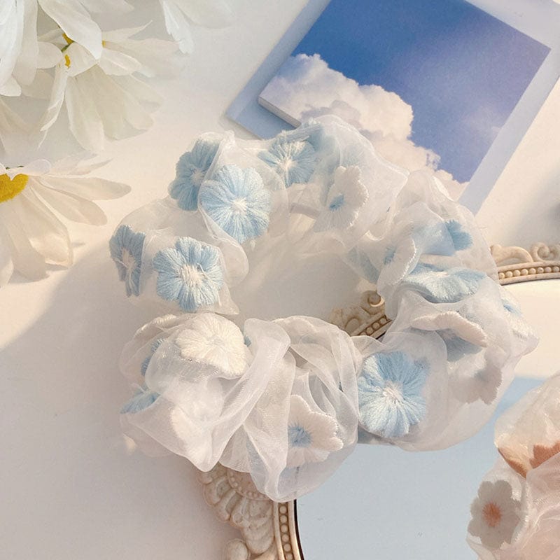 Sweet Embroidery Flowers Mesh Scrunchies Women Romantic Pink Blue Hair Rope Transparent Tulle Organza Hair Ties Hair Accessories