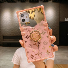 Luxury Square Mirror Pink Phone Case For iPhone 13 12 11 Pro XS Max XR X 10 7 8 Plus Hot Fashion Ring Holder Stand Cover Coque