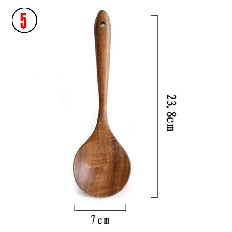 7pcs/set Teak Natural Wood Tableware Spoon Ladle Turner Rice Colander Soup Skimmer Cooking Spoon Scoop Kitchen Reusable Tool Kit - Wowza