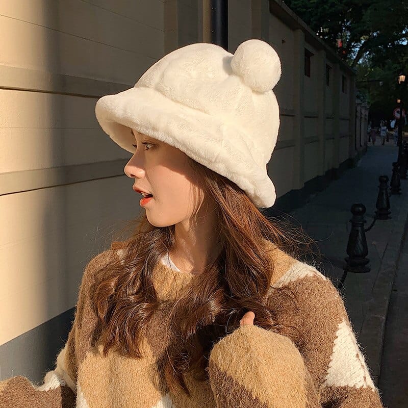 Fashion Autumn Winter Leopard Fur Bucket Hat Bear Ear Ball Plush Fisherman Hat Soft Warm Thick Basin Hat Protection Bucket Hats