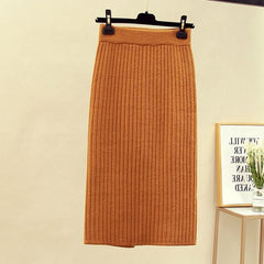 Mid-long Knitted Half-length Skirt Women's High waist One-step Skirt Autumn And Winter Hip Skirt Open-forked Elegant Skirts