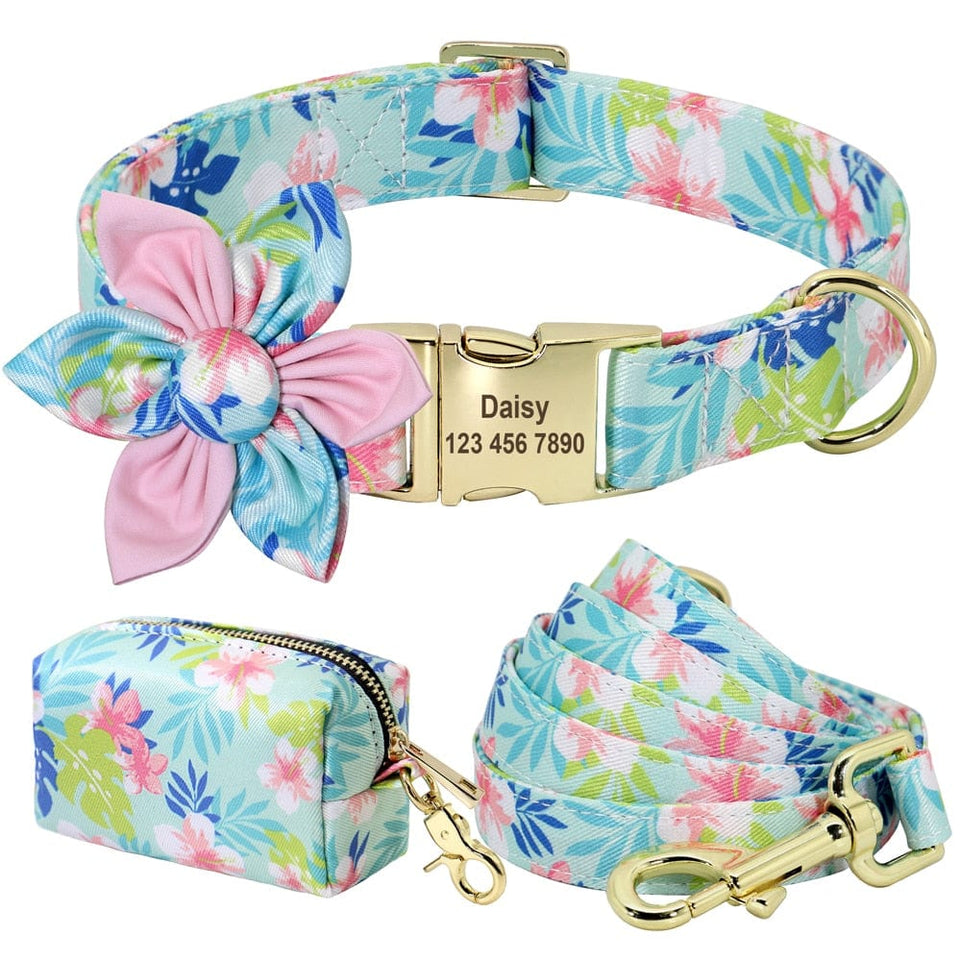 Floral Persoalized Dog Collar Fashion Printed Custom Nylon Dog Collars With Free Engraved Nameplate For Small Medium Large Dogs