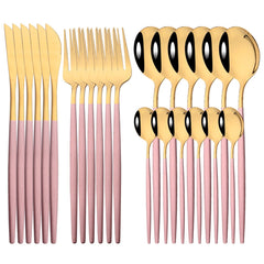 24Pcs Mirror Gold Dinnerware Cutlery Set Stainless Steel Tableware Set Knife Fork Coffee Spoon Party Flatware Silverware Set - Wowza