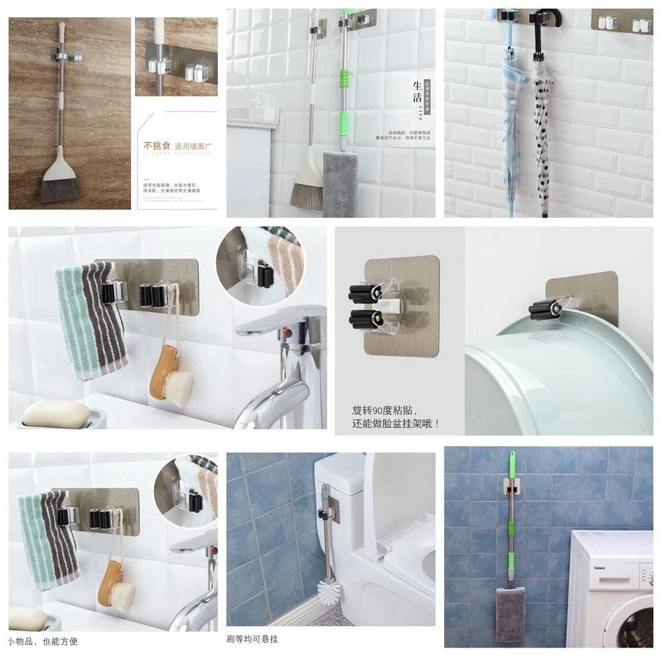 Adhesive Multi-Purpose Hooks Wall Mounted Mop Organizer Holder RackBrush Broom Hanger Hook Kitchen Bathroom Strong Hooks - Wowza