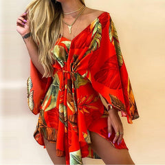 New Summer Women Elegant Dresses Sexy V Neck Lace-up Floral Printed Mini Dress Casual Flared Sleeve Irregular Ladies Party Dress