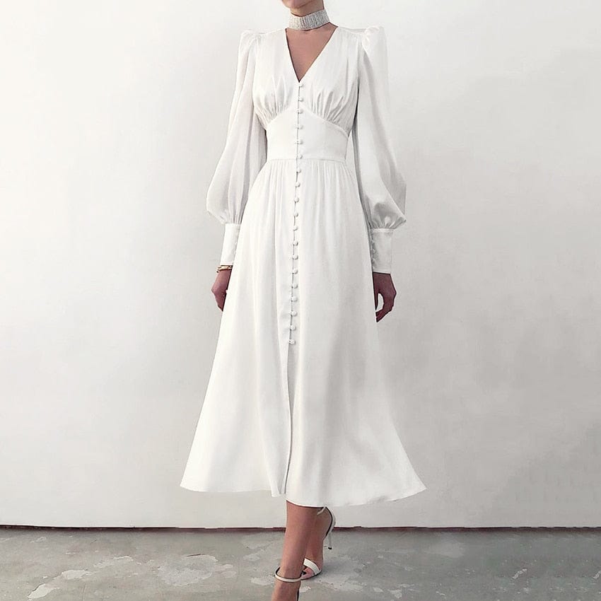 OOTN White Single Breasted Elegant Dress For Women Party Robe High Waist Satin Long Dress Chic Midi Dresses Lantern Sleeve 2022