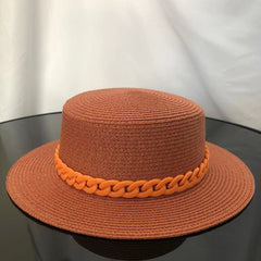 Macaron color straw hat sun hat flat top Korean fashion color chain with top hat acrylic beach hat candy color sun hat