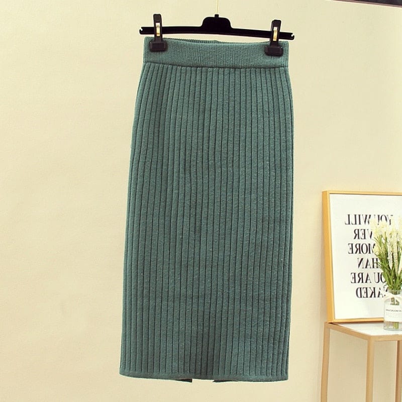 Mid-long Knitted Half-length Skirt Women's High waist One-step Skirt Autumn And Winter Hip Skirt Open-forked Elegant Skirts