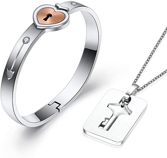 Fashion A Couple Jewelry Sets For Lovers Stainless Steel Love Heart Lock Bracelets Bangles Key Pendant Necklace Couples Set