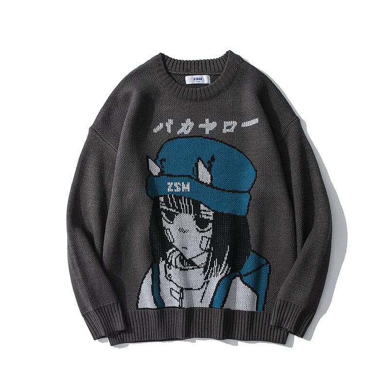 Harajuku Handsome Pullover Sweater Oversized Japanese Anime Cartoon Style Men and Women Print Knitted Sweater Long Sleeves Tops