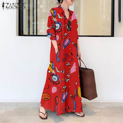 Elegant Printed Shirt Dress Women's Autumn Sundress ZANZEA Casual Long Sleeve Maxi Vestido Female Lapel Button Robe