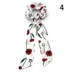 DIY Solid/Floral Print Bow Satin Long Ribbon Ponytail Scarf Hair Tie Scrunchies Women Girls Elastic Hair Bands Hair Accessories