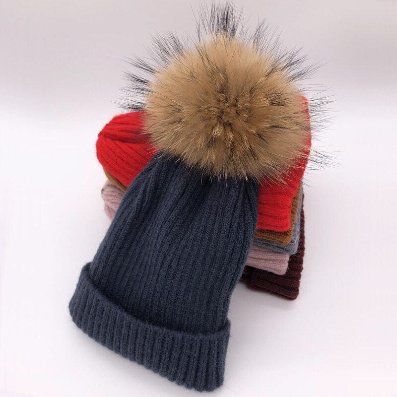 2022 New winter hat luxury quality Fox fur pompom hats beanie High quality Girls women bonnet winter hats for women