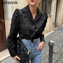 BGTEEVER Elegant Notched Collar Women Tassels Shirts Blouses 2021 Spring New Single-breasted Female Workwear Shirts Tops Blusas