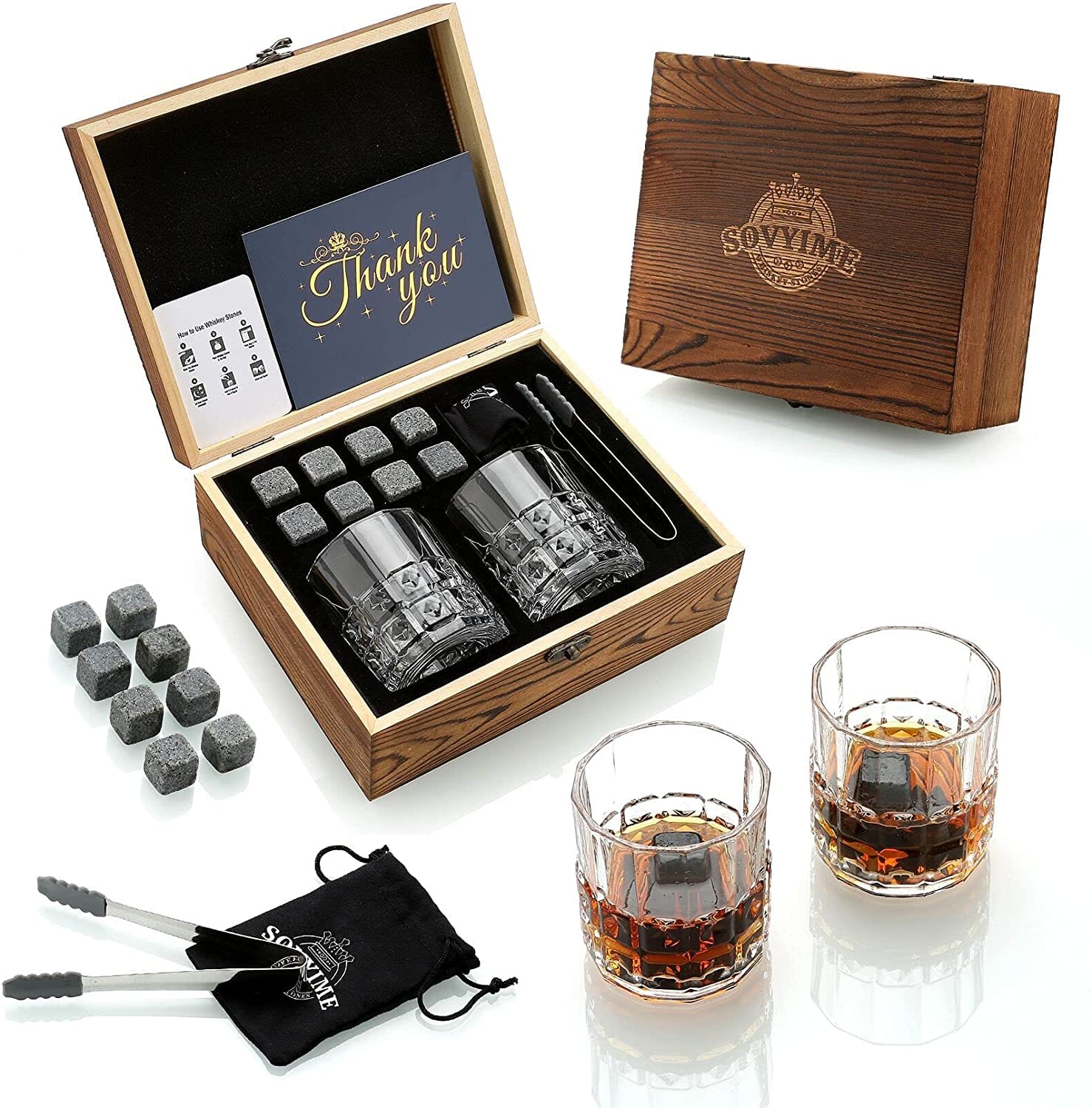 Whiskey Stones & Glasses Set, Granite Ice Cube For Whisky, Whiski Chilling Rocks In Wooden Box, Best Gift For Dad Husband Men - Wowza