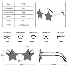 SO&EI Vintage Unique Star Shape Mirror Rimless Sunglasses Women Fashion Clear Ocean Lens Eyewear Men Trending Sun Glasses Shades