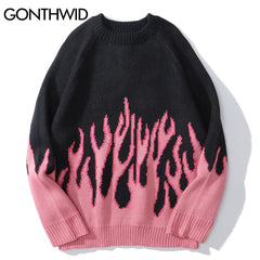 GONTHWID Hip Hop Sweaters Fire Flame Knitted Sweater Jumpers Streetwear Harajuku 2023 Mens Fashion Casual Pullover Tops Coats