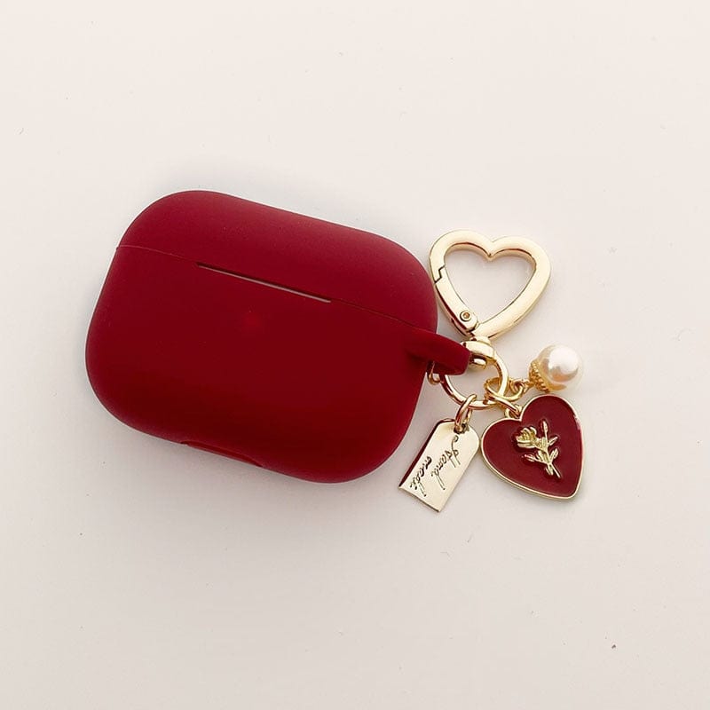 Vintage Roses Pearl Keychain Wine Red Silicone Earphone Case For Apple Airpods 1 2 Pro 3 Bluetooth Headset Cover Sweet Cute