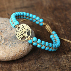 Handmade Natural African Stone Beaded Boho Yoga Wrap Bracelet & Bangle Stainless Steel Tree of Life Braided Charm Bracelet