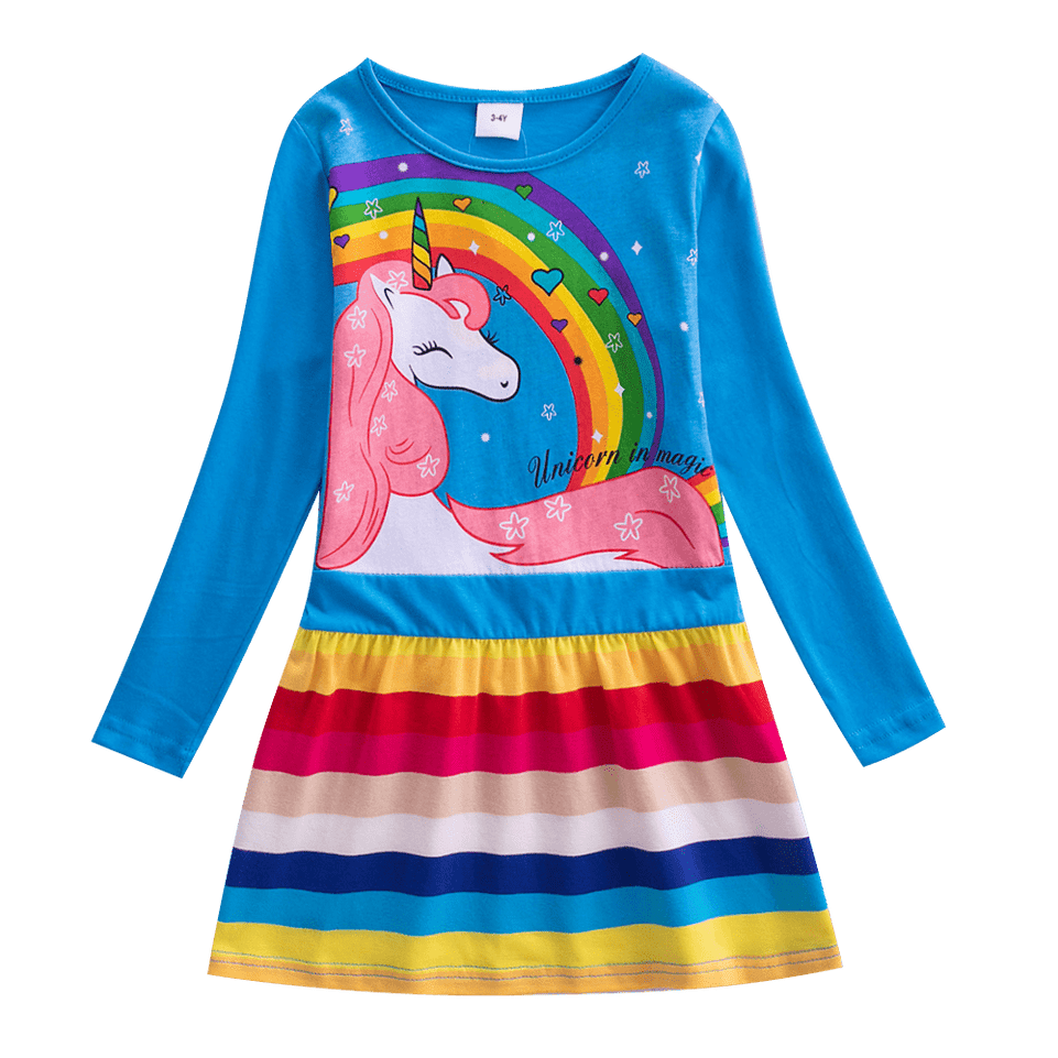 Girls Long Sleeve Star Embroidered Dress Girls Autumn New Style Two Pocket Rainbow Striped Sleeve Cotton Dress LH5809