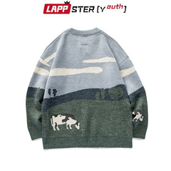 LAPPSTER-Youth Men Cows Vintage Winter Sweaters 2023 Pullover Mens O-Neck Korean Fashions Sweater Women Casual Harajuku Clothes