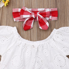 Lioraitiin 3Pcs Set 0-24M Newborn Baby Girl Clothes Cute Summer Off Shoulder Lace Tops+ Red Plaid Short Dress Headband Outfit