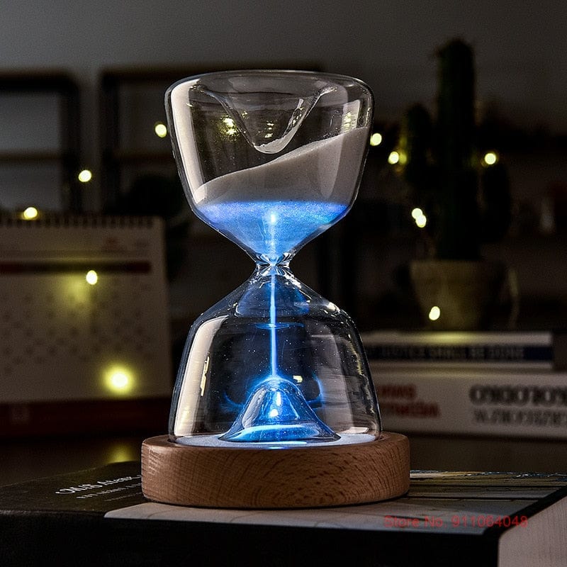 Luminous Remote Control Glass Hourglass 15 Minutes Time Timer Free Customized Laser Lettering Wood Bottom Night Light Sandglass