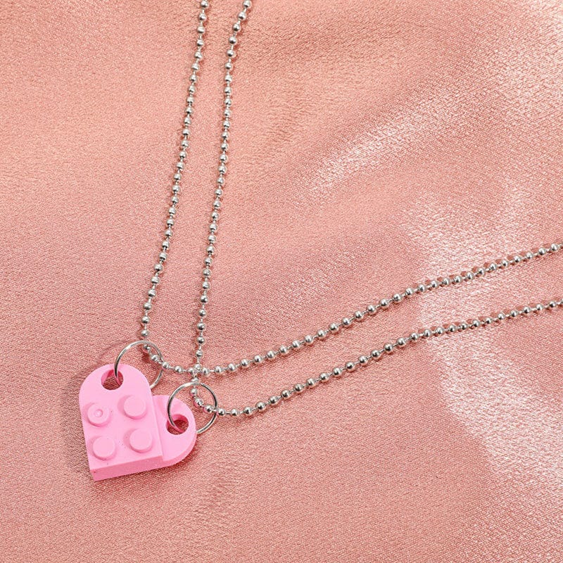 2Pcs Cute Love Heart Brick Pendant Necklace for Couples Friendship Women Men Lego Elements Couple Valentines Gifts Punk Necklace
