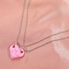 2Pcs Cute Love Heart Brick Pendant Necklace for Couples Friendship Women Men Lego Elements Couple Valentines Gifts Punk Necklace