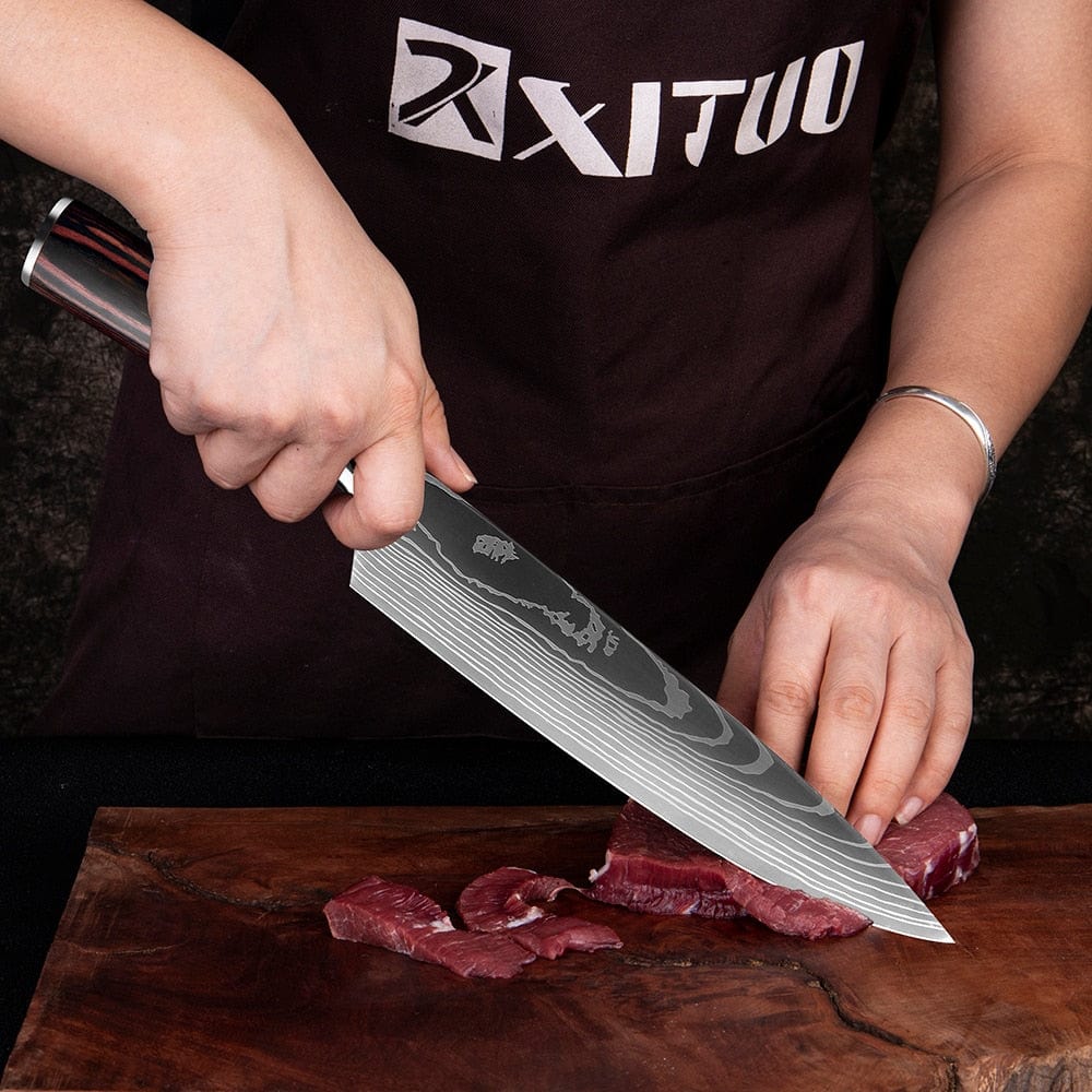 XITUO Chef knife 1-10 Pcs Set Kitchen Knives Laser Damascus Pattern Sharp Japanese Santoku Knife Cleaver Slicing Utility Knife - Wowza