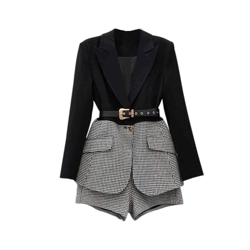 TWOTWINSTYLE Korean Patchwork Plaid Two Piece Set For Women Lapel Long Sleeve Sashes Blazer Wide Leg Shorts Casual Sets Female