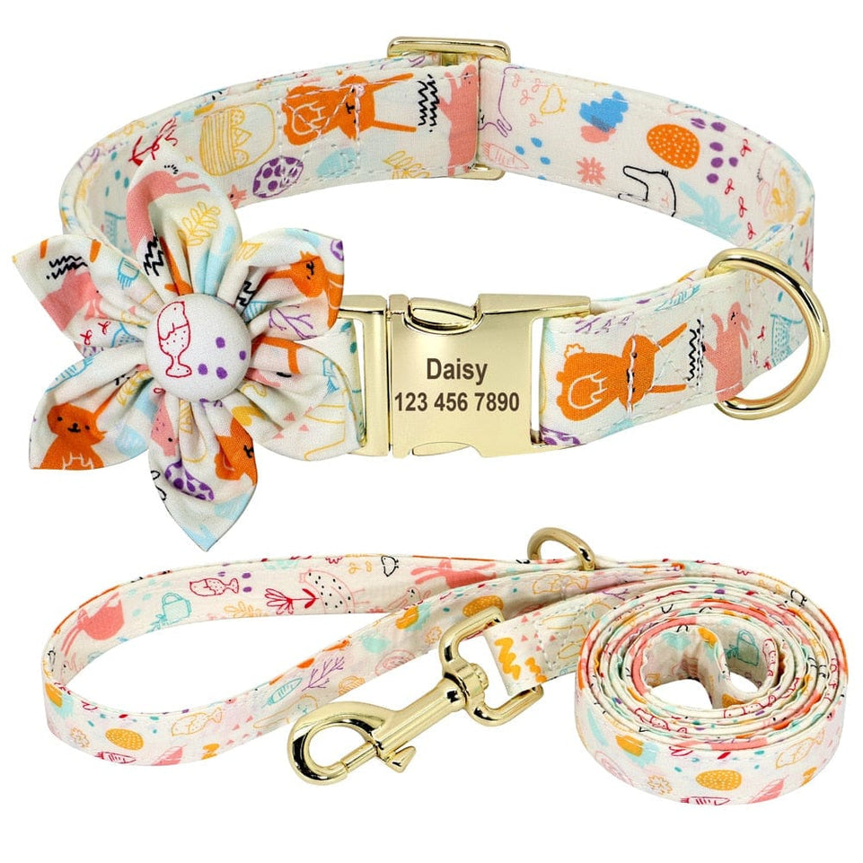 Floral Persoalized Dog Collar Fashion Printed Custom Nylon Dog Collars With Free Engraved Nameplate For Small Medium Large Dogs