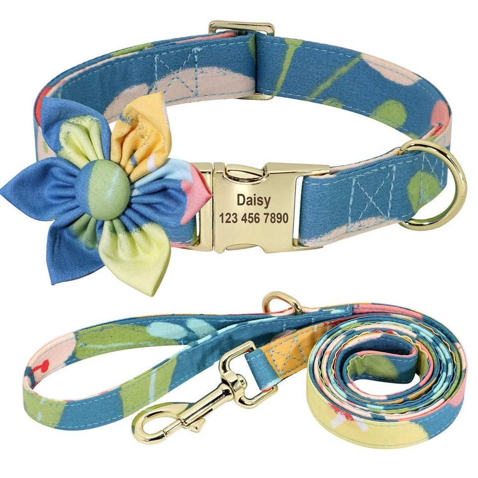 Floral Persoalized Dog Collar Fashion Printed Custom Nylon Dog Collars With Free Engraved Nameplate For Small Medium Large Dogs