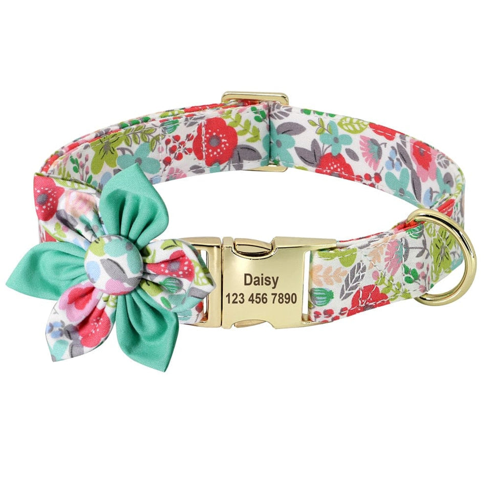 Floral Persoalized Dog Collar Fashion Printed Custom Nylon Dog Collars With Free Engraved Nameplate For Small Medium Large Dogs