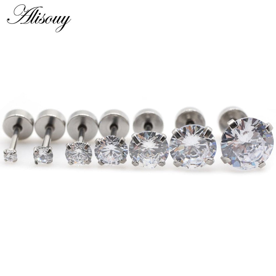 Alisouy 2pcs Stainless steel Unisex Women Men Round Crystal Zircon Ear Studs Earrings  4 Prong Tragus Cartilage Piercing Jewelry