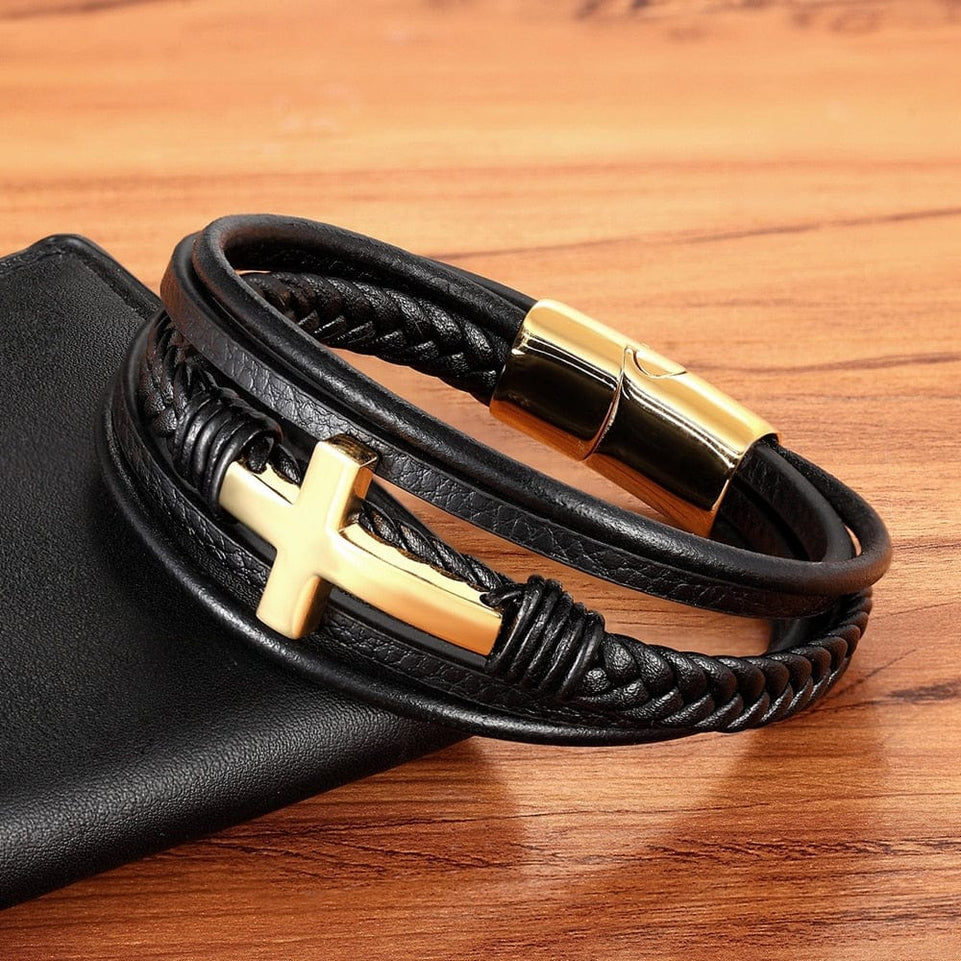 TYO Classic Style Cross Men Bracelet Multi-Layer Stainless Steel Leather Bangles Magnetic Clasp For Friend Fashion  Jewelry Gift