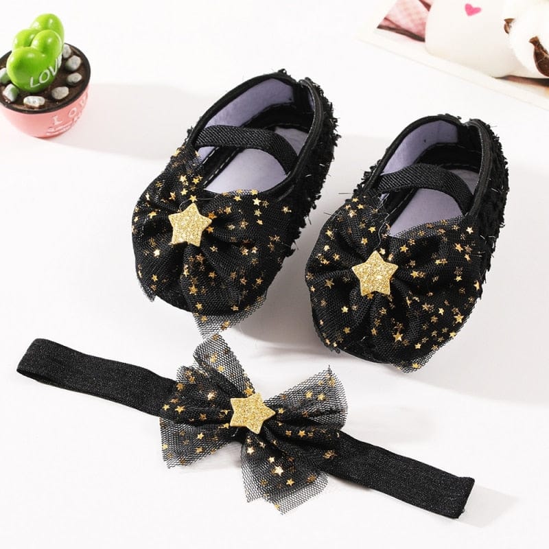 Sequins Baby Shoes Leather Toddler Baby Girl First Walkers Sets Headband Bow-knot Soft Sole Hook & Loop Bling Shoes for Girls