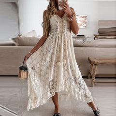 Off Shoulder Lace Patchwork Elegant Dress Women Summer 2023 V Neck Spaghetti Strap Dress Female New Fashion Solid Party Dresses