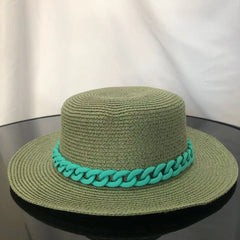 Macaron color straw hat sun hat flat top Korean fashion color chain with top hat acrylic beach hat candy color sun hat